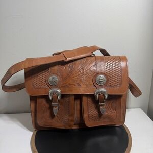 Vintage American West Leather Satchel Crossbody Bag Hand Tooled Western Brown